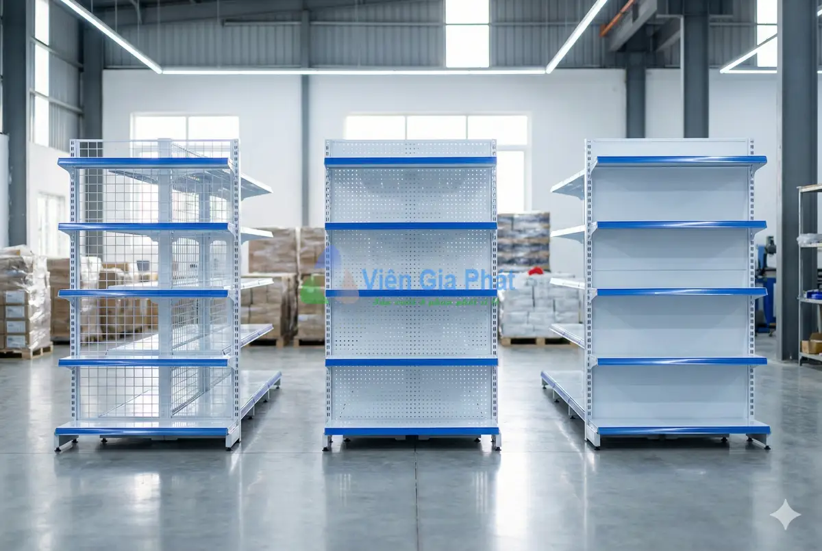 So sánh các loại kệ siêu thị Viên Gia Phát: Lưng lưới, Tôn lỗ và Tôn liền