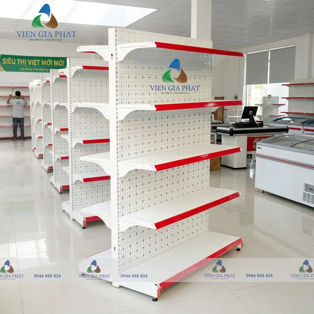 Kệ Siêu Thị TPHCM: Giao Lắp Trong Ngày Từ Xưởng Bình Chánh 2026 4 Kệ đôi lưng tôn mới lắp đặt tại cửa hàng khu vực TPHCM