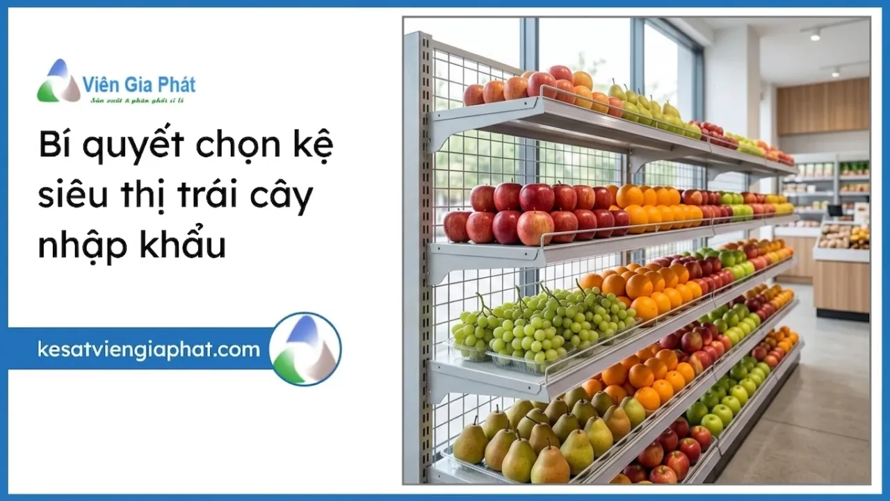 Kệ siêu thị lưng lưới trưng bày trái cây nhập khẩu: táo, cam, nho, lê xếp gọn trên mâm tầng, lưng lưới giúp thông gió chống bí hơi