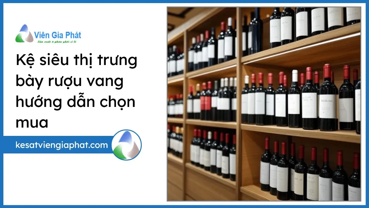 Kệ siêu thị trưng bày rượu vang sang trọng bằng gỗ và kim loại, sắp xếp chai rượu đẹp mắt, tối ưu không gian cửa hàng PT Phúc Thịnh