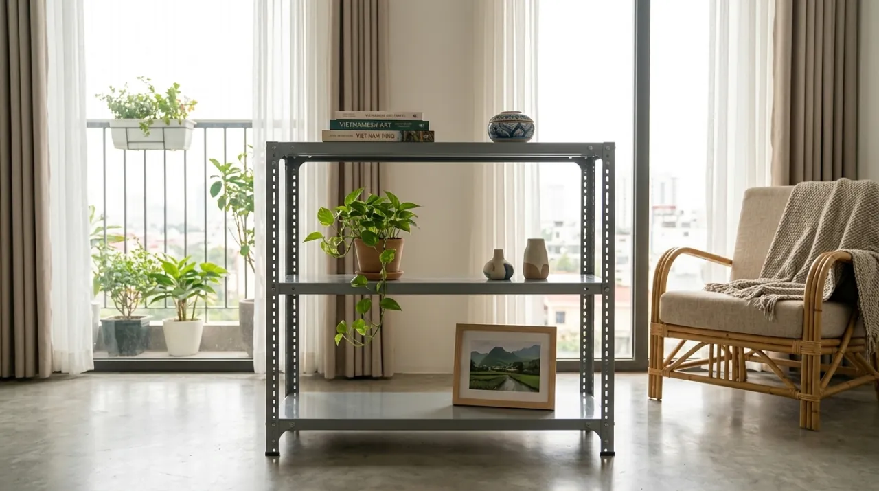 Kệ Tam Cấp: Giải Pháp Tối Ưu Không Gian & Trang Trí 1 Kệ sắt V lỗ Viên Gia Phát dùng làm kệ tam cấp trang trí phòng khách với sách và cây cảnh