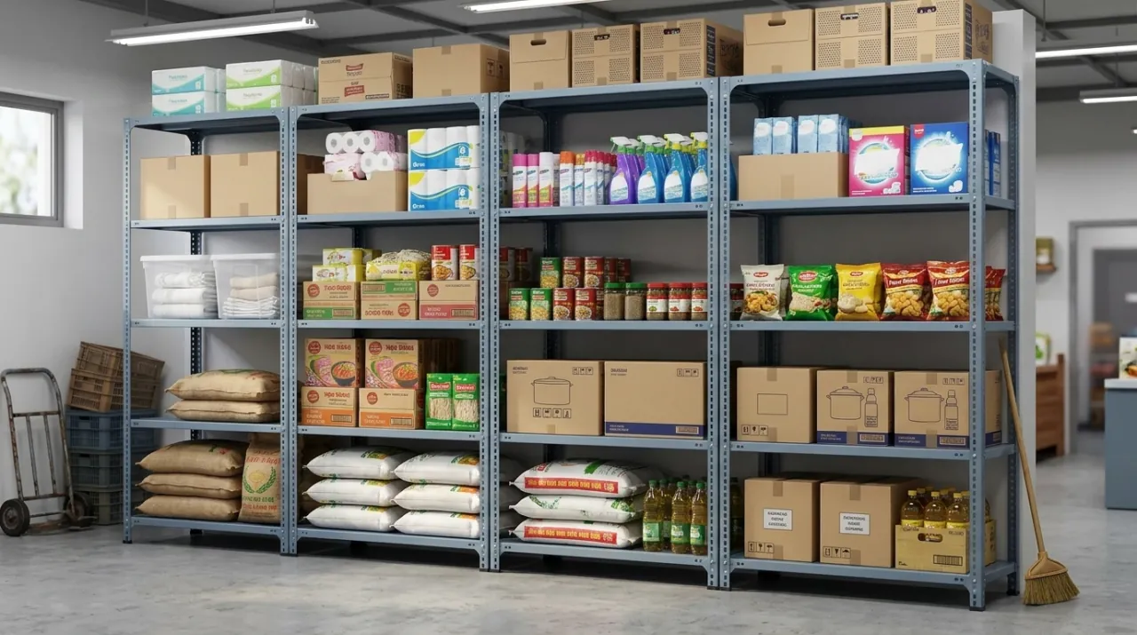 Kệ sắt V lỗ đa năng dùng làm kệ chứa hàng khô, thùng carton trong kho cửa hàng tạp hóa