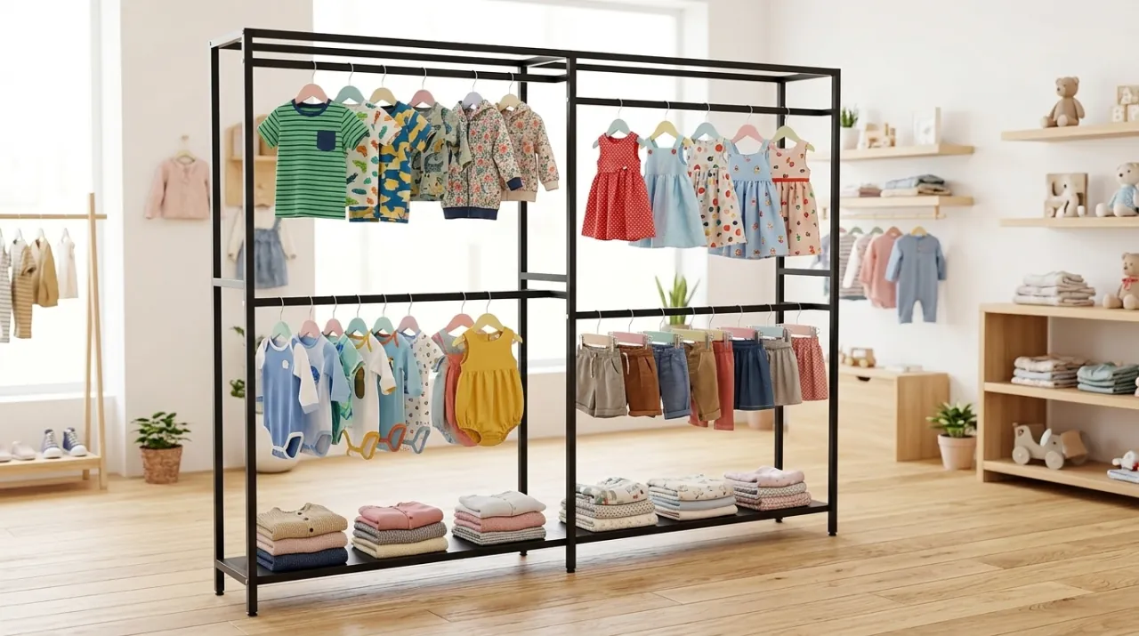 Kệ Treo Quần Áo Trẻ Em: Bí Quyết Chọn Mua An Toàn, Tiện Lợi 13 Kệ treo quần áo khung sắt Viên Gia Phát trưng bày quần áo trẻ em trong shop thời trang