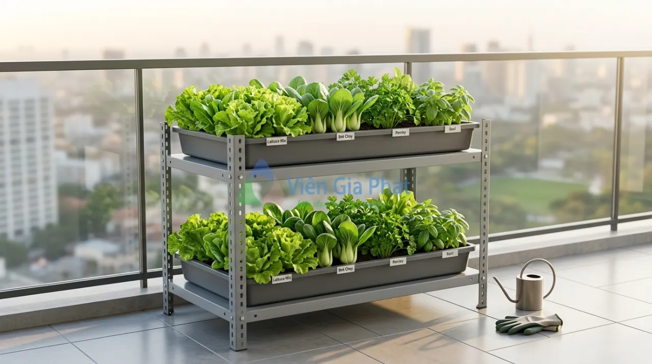 Kệ sắt V lỗ 2 tầng Viên Gia Phát dùng làm giàn trồng rau sạch trên ban công căn hộ