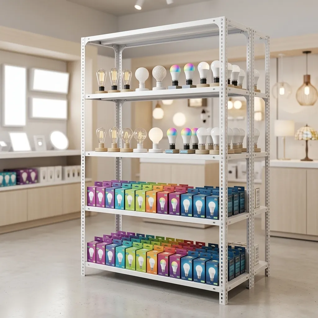 Kệ sắt V lỗ trắng trưng bày nhiều loại bóng đèn LED và hộp đèn phân loại theo công suất trong cửa hàng