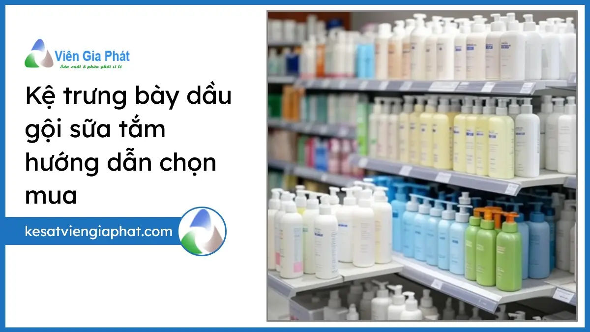 Kệ trưng bày dầu gội sữa tắm hiện đại gọn gàng trong siêu thị với nhiều sản phẩm chất lượng từ PT Phúc Thịnh.