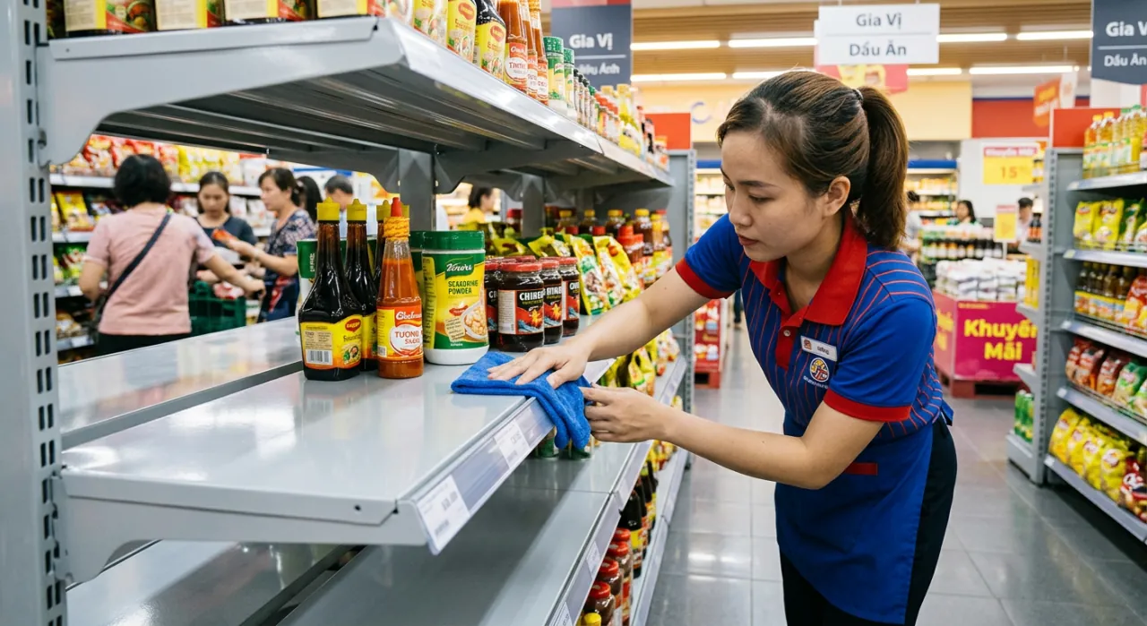 Kệ siêu thị lưng tôn bày nước mắm dễ lau chùi, vệ sinh