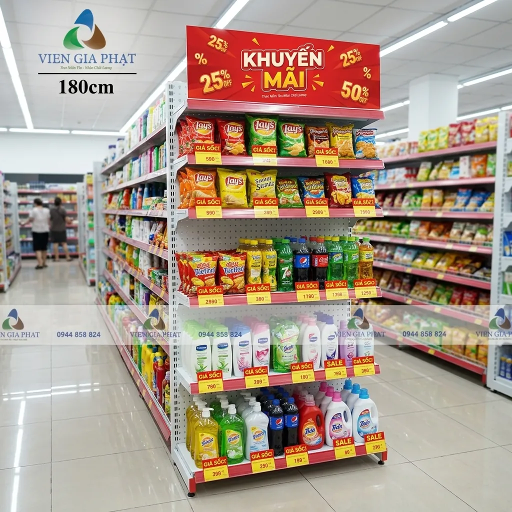 Kệ trưng bày khuyến mãi đầu dãy siêu thị với biển KHUYẾN MÃI và nhãn giá sốc nổi bật