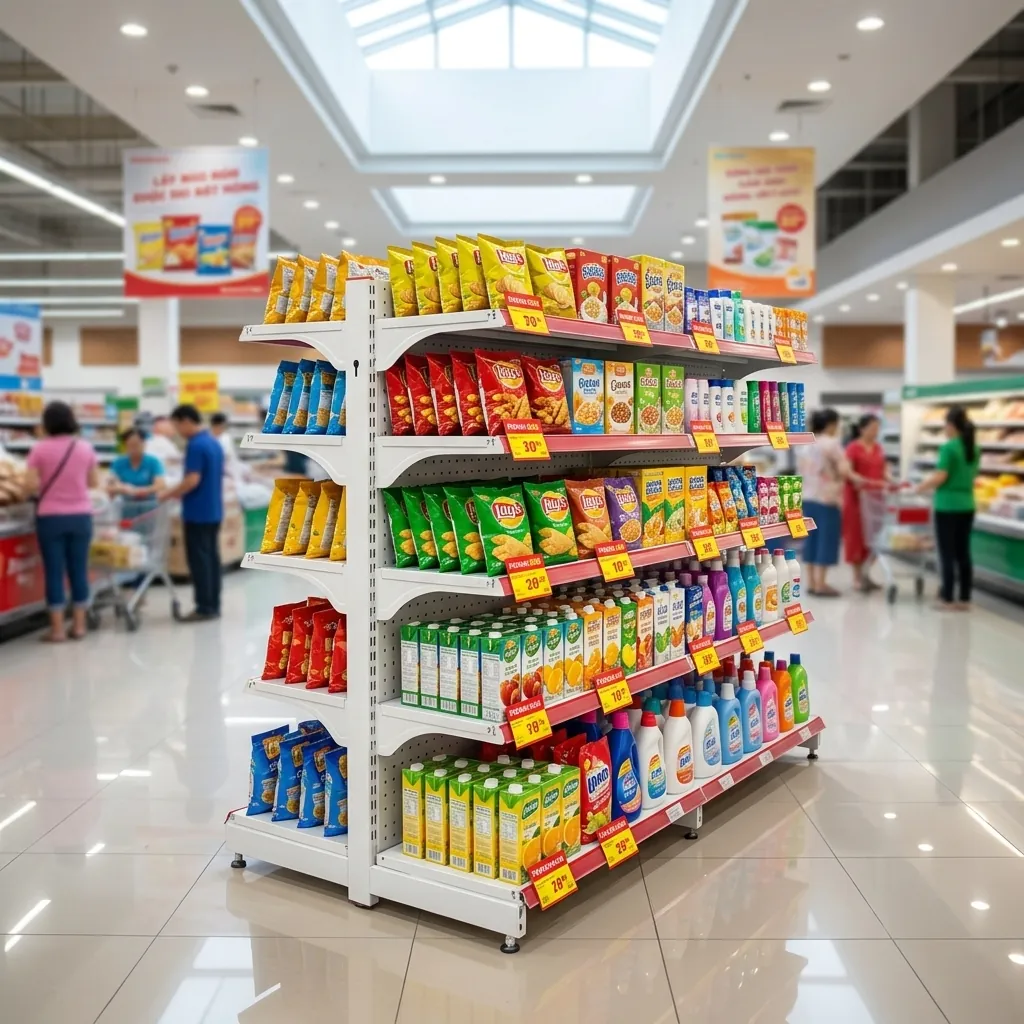 Kệ trưng bày khuyến mãi nhiều tầng dạng đảo giữa sàn siêu thị, xếp đầy hàng FMCG