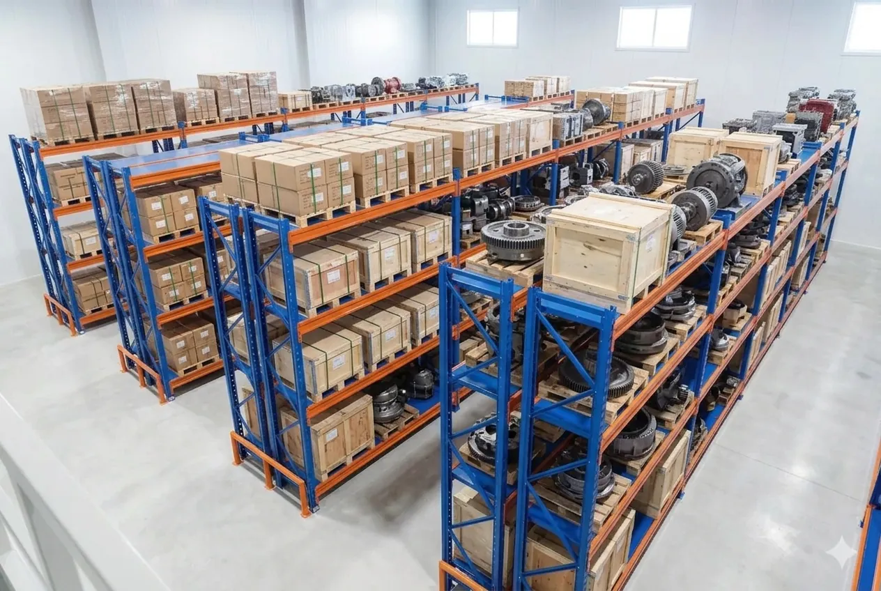 Kệ trung tải Viên Gia Phát chất đầy thùng carton và chi tiết máy kim loại nặng, minh họa khả năng chịu tải 200–700kg mỗi tầng