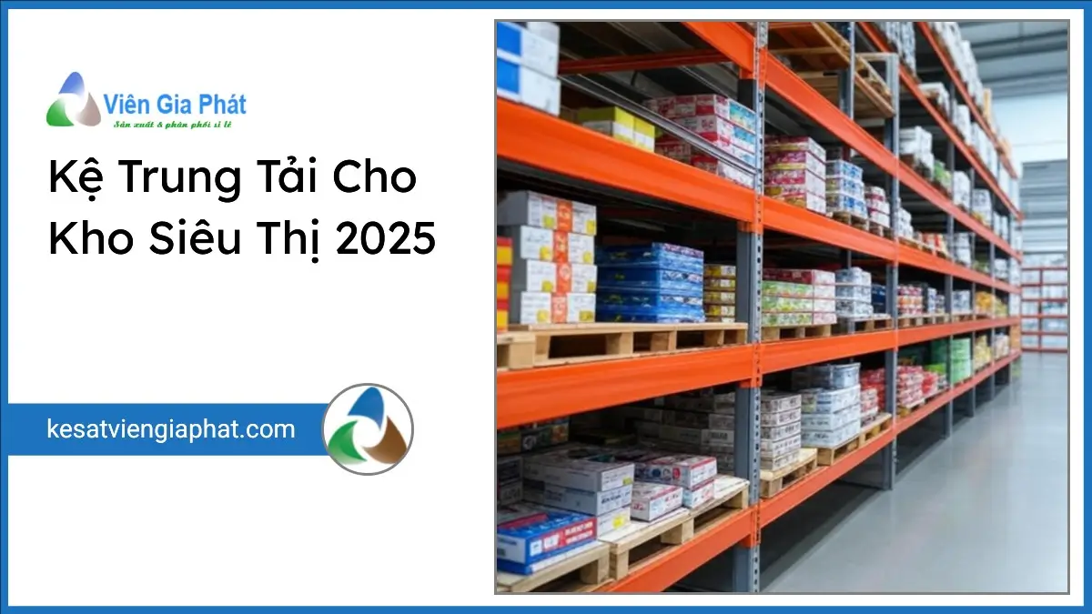 Kệ trung tải cho kho siêu thị với tải trọng 200-700kg mỗi tầng, sắp xếp gọn gàng, chất lượng từ Viên Gia Phát.
