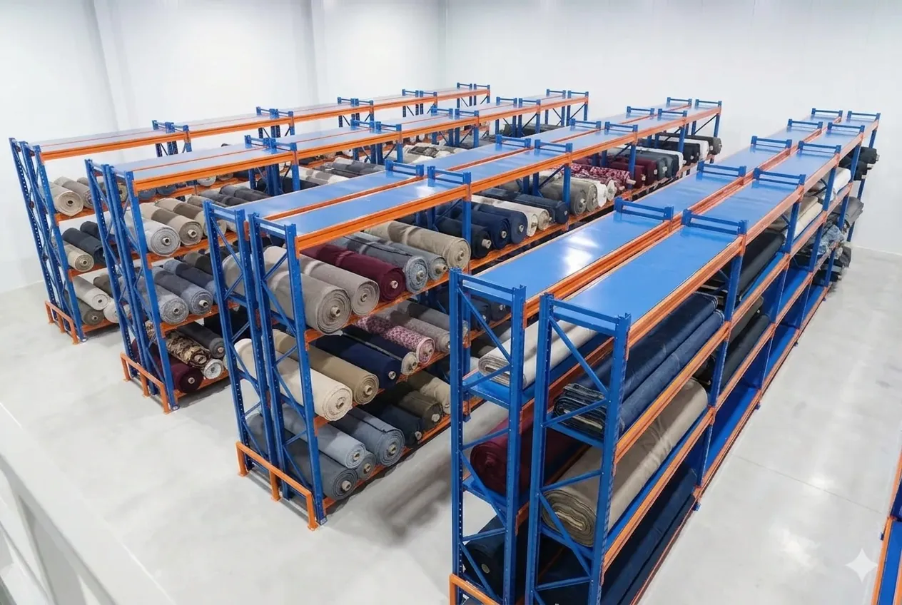 Kệ trung tải Viên Gia Phát lưu trữ cuộn vải khổ lớn trong kho ngành may mặc, dệt may