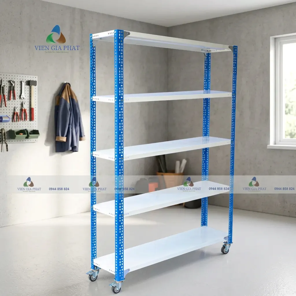 Mâm Kệ Sắt V Lỗ & Phụ Kiện: Kích Thước, Độ Dày, Giá Lẻ 6 Kệ sắt V lỗ gắn bánh xe di động trong nhà kho gia đình