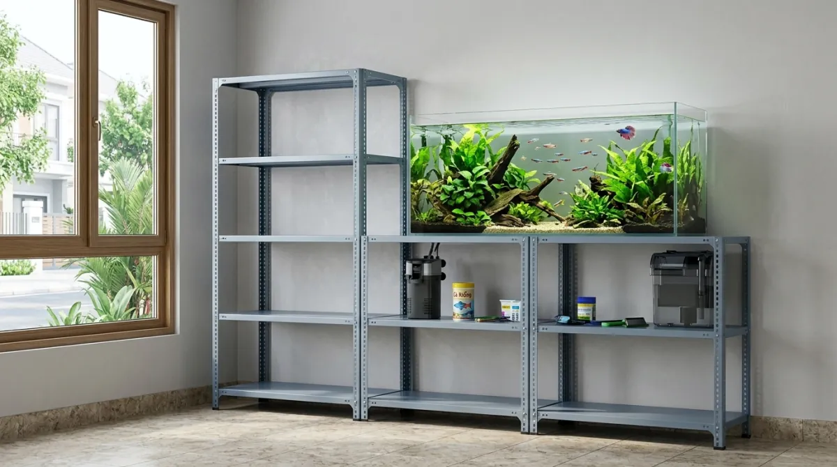 Kệ sắt V lỗ Viên Gia Phát dùng làm kệ để hồ cá trong phòng khách, mâm tầng chắc chắn đỡ bể cá thủy sinh