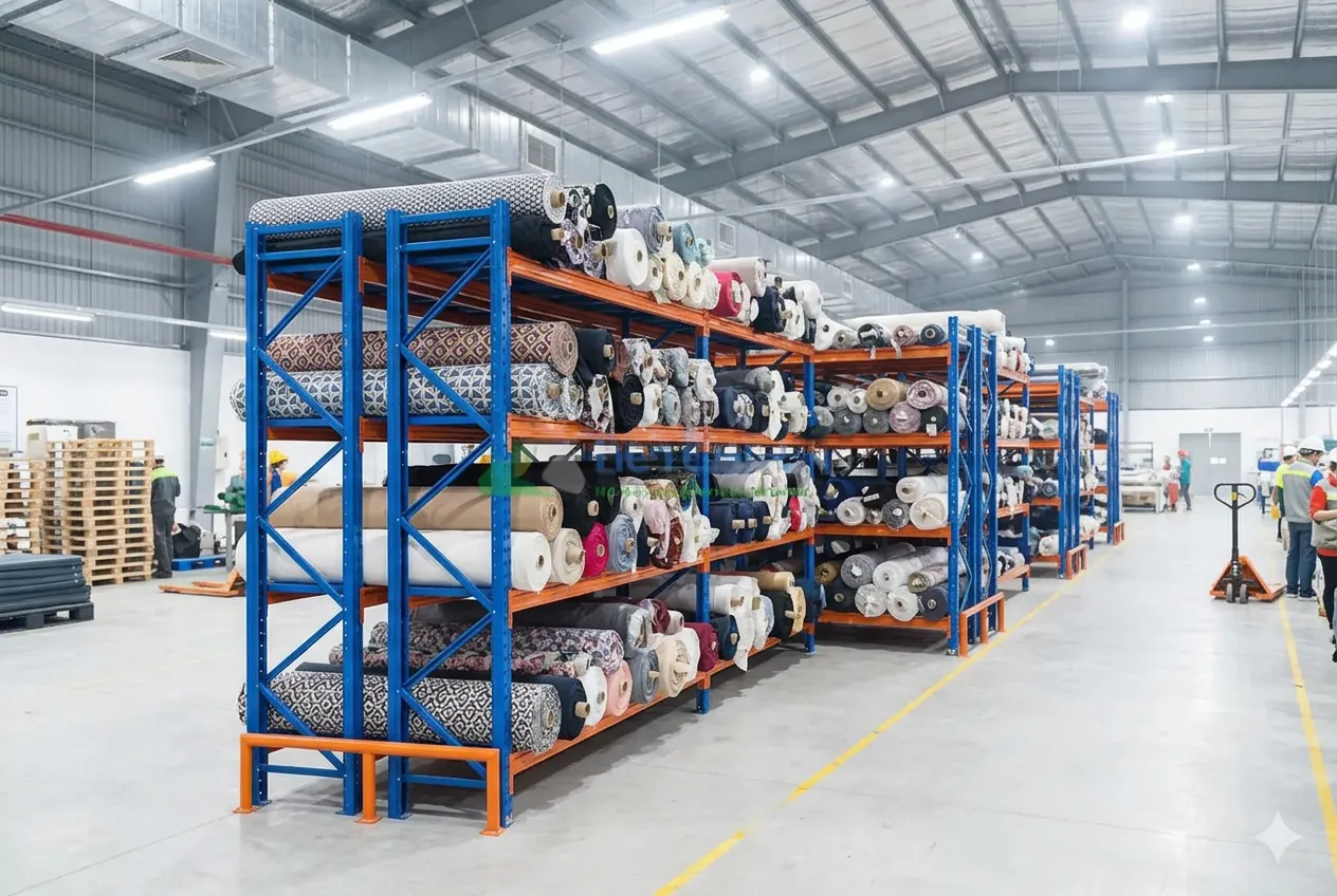 Kệ Trung Tải TPHCM: Giá Gốc Tại Xưởng, Giao Lắp Tận Kho 4 Kệ trung tải VGP xếp cuộn vải trong kho ngành may tại TPHCM