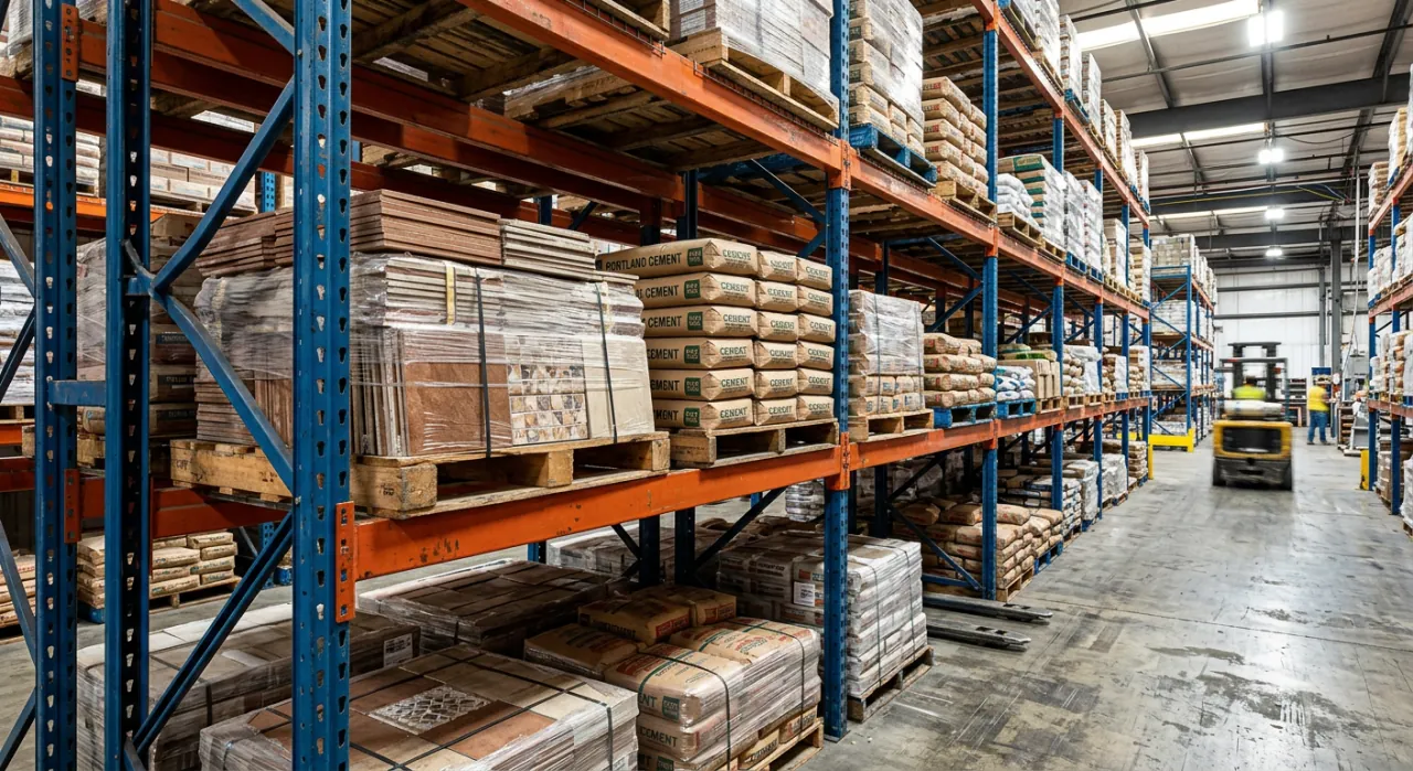 Kho Vật Liệu Xây Dựng: Cách Bố Trí Kệ Kho Tối Ưu Nhất 2026 4 Lắp đặt kệ Selective chứa pallet gạch ốp lát cho kho vật liệu