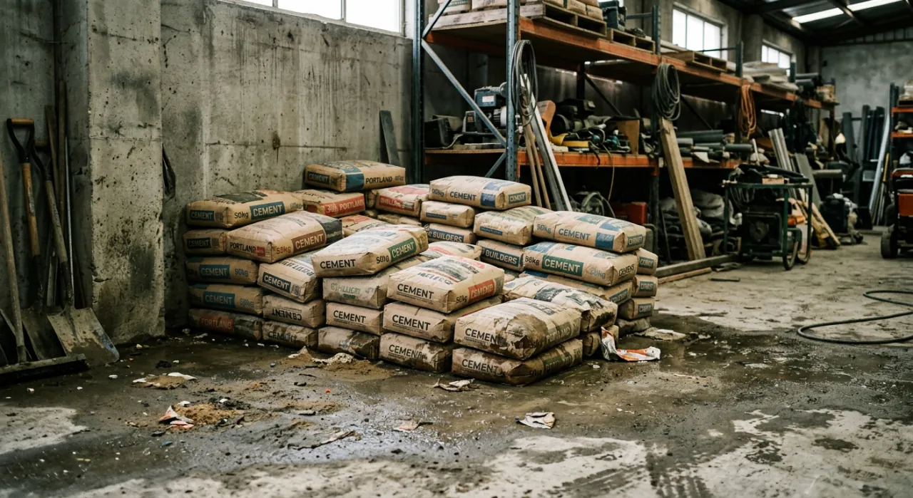 Kho Vật Liệu Xây Dựng: Cách Bố Trí Kệ Kho Tối Ưu Nhất 2026 3 Lưu trữ xi măng trên pallet sát nền đất ẩm gây mốc hỏng