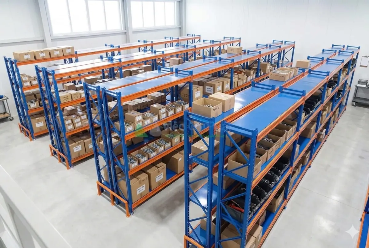 Cách Lắp Kệ Trung Tải Đúng Kỹ Thuật: Hướng Dẫn 6 Bước Từ A-Z 3 Kệ trung tải lắp xong xếp hàng rải đều trên từng tầng kệ