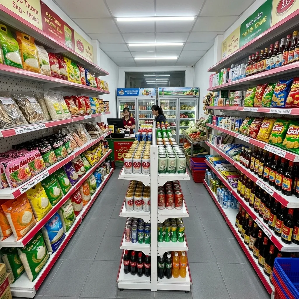 Bố trí kệ siêu thị mini dưới 80m2 với kệ đơn áp tường cao và một dãy kệ đôi thấp ở giữa