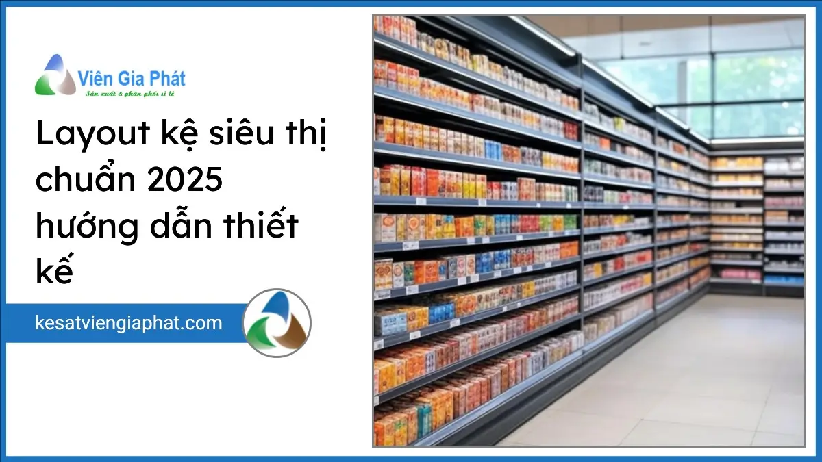 Hình ảnh layout kệ siêu thị chuẩn 2025 với hệ thống kệ sắt v lỗ, kệ đa năng được sắp xếp gọn gàng, tối ưu không gian do PT Phúc Thịnh cung cấp.