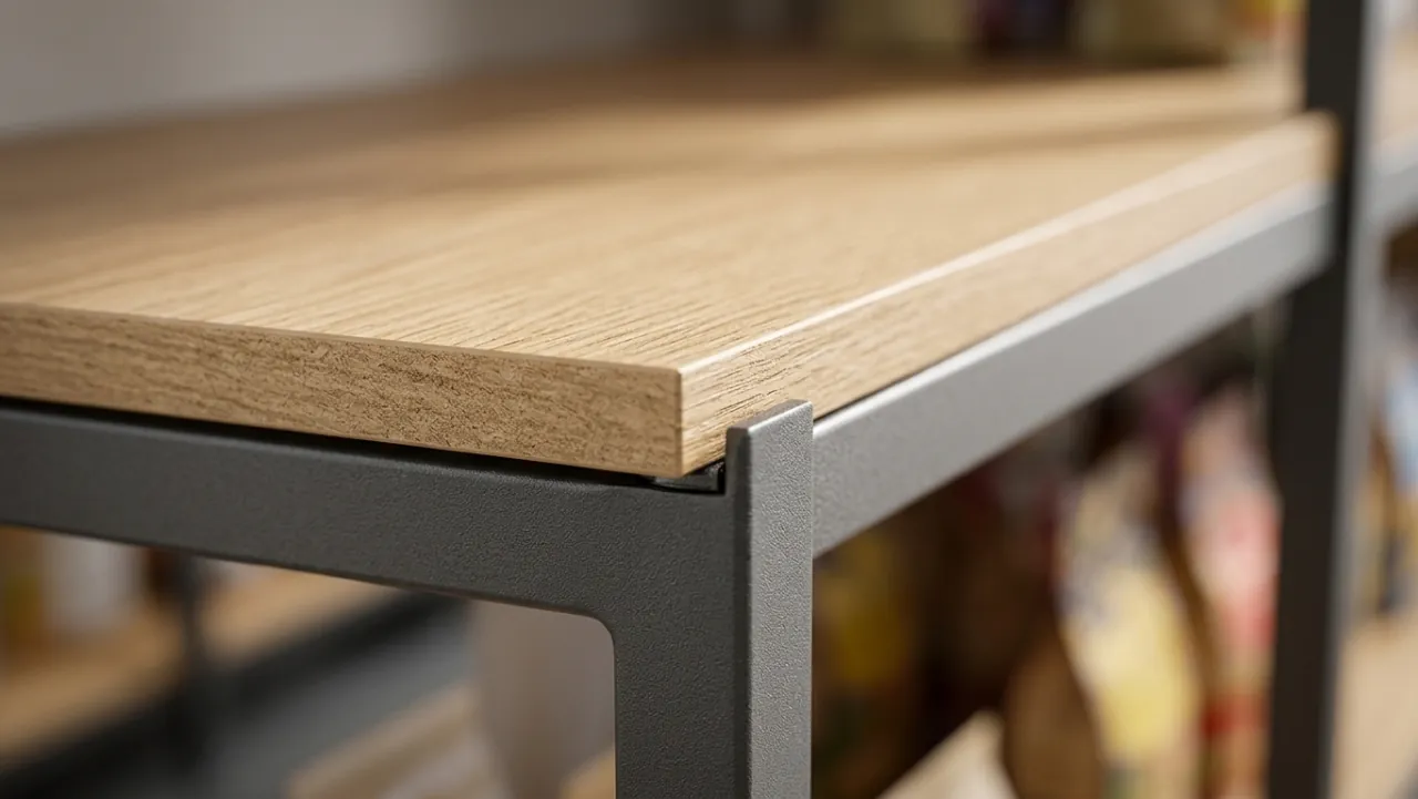 Cận cảnh mâm gỗ công nghiệp MDF dày 18mm gác trên thanh đỡ tay bass của khung sắt sơn tĩnh điện kệ siêu thị