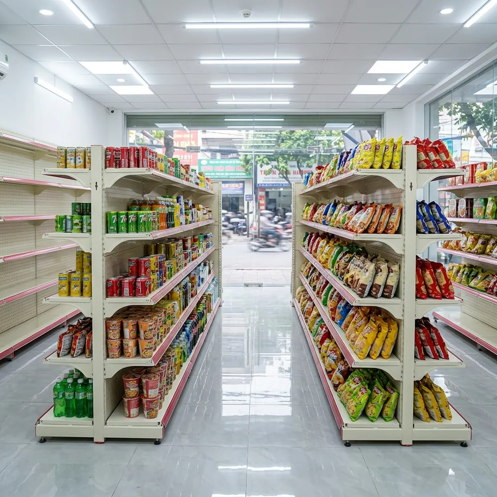 Mẫu kệ siêu thị đôi khổ 120cm trong cửa hàng tiện lợi