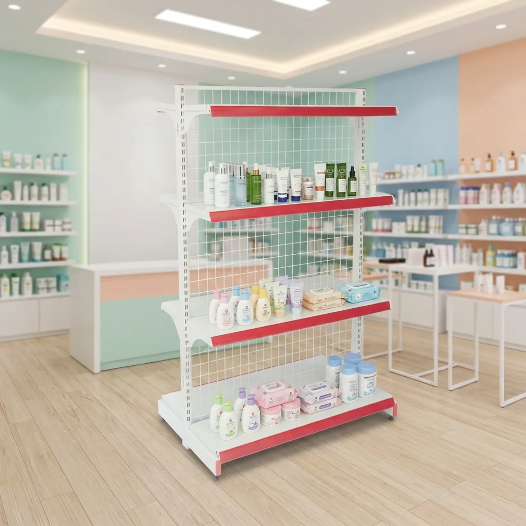 Mẫu kệ siêu thị lưng lưới đẹp cho shop mỹ phẩm và mẹ bé