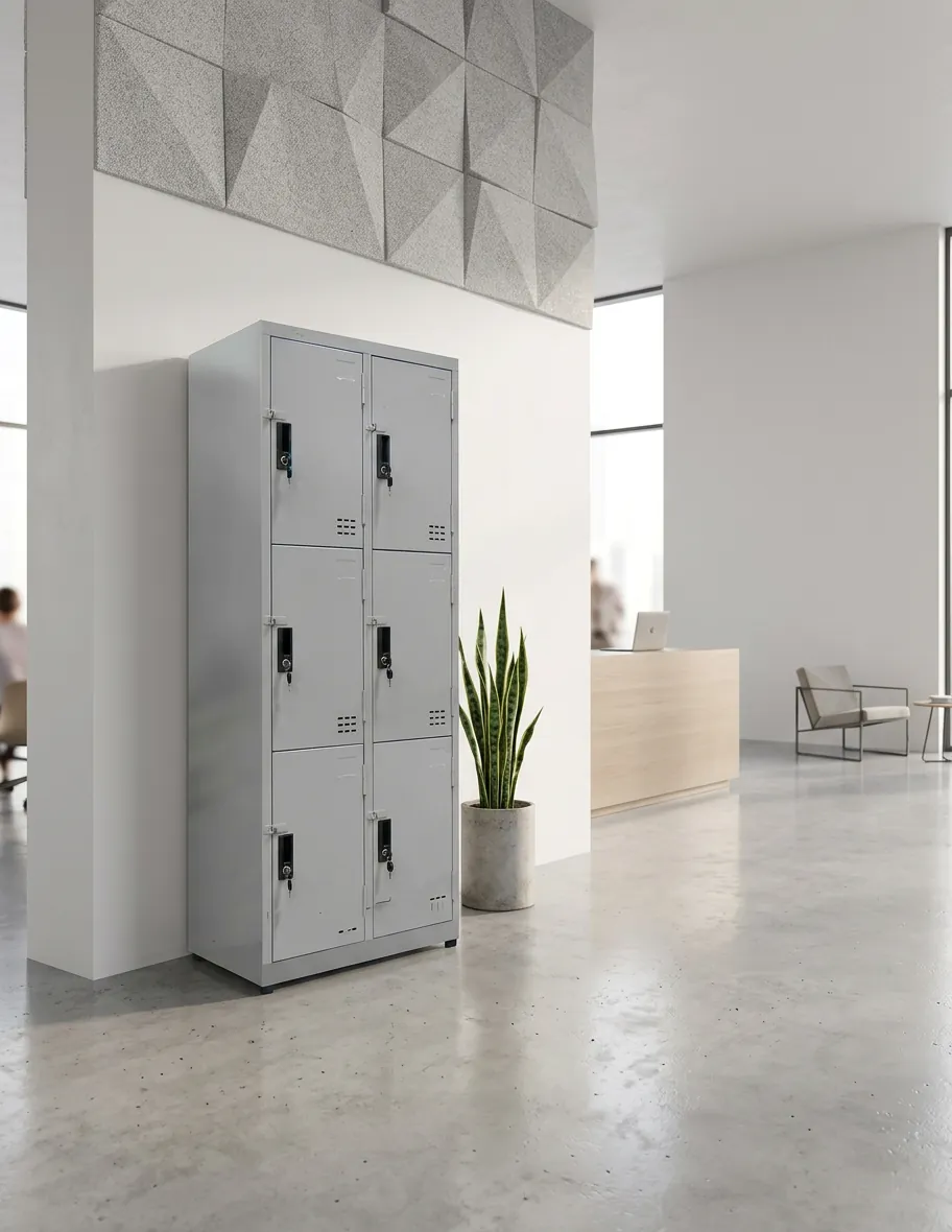 20+ mẫu tủ hồ sơ văn phòng 2026: chọn theo số cánh & số buồng 5 Mẫu tủ hồ sơ locker 6 cánh đặt trong sảnh văn phòng hiện đại