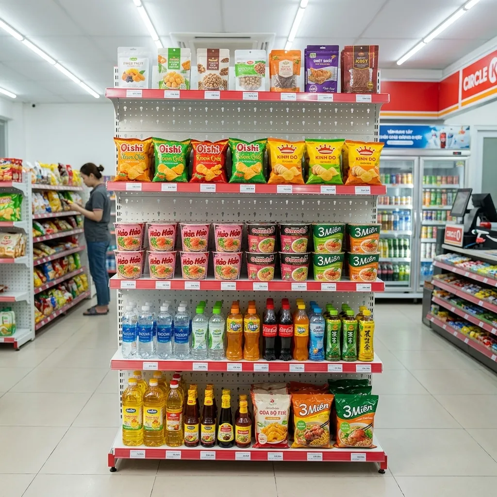 Không gian cửa hàng tiện lợi với kệ siêu thị lưng tôn trưng bày hàng FMCG: snack, nước giải khát, mì ly, đồ thiết yếu