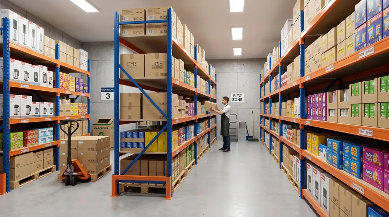 Kho hàng cửa hàng tiện lợi dùng kệ trung tải sắp xếp thùng hàng theo nguyên tắc FIFO nhập trước xuất trước