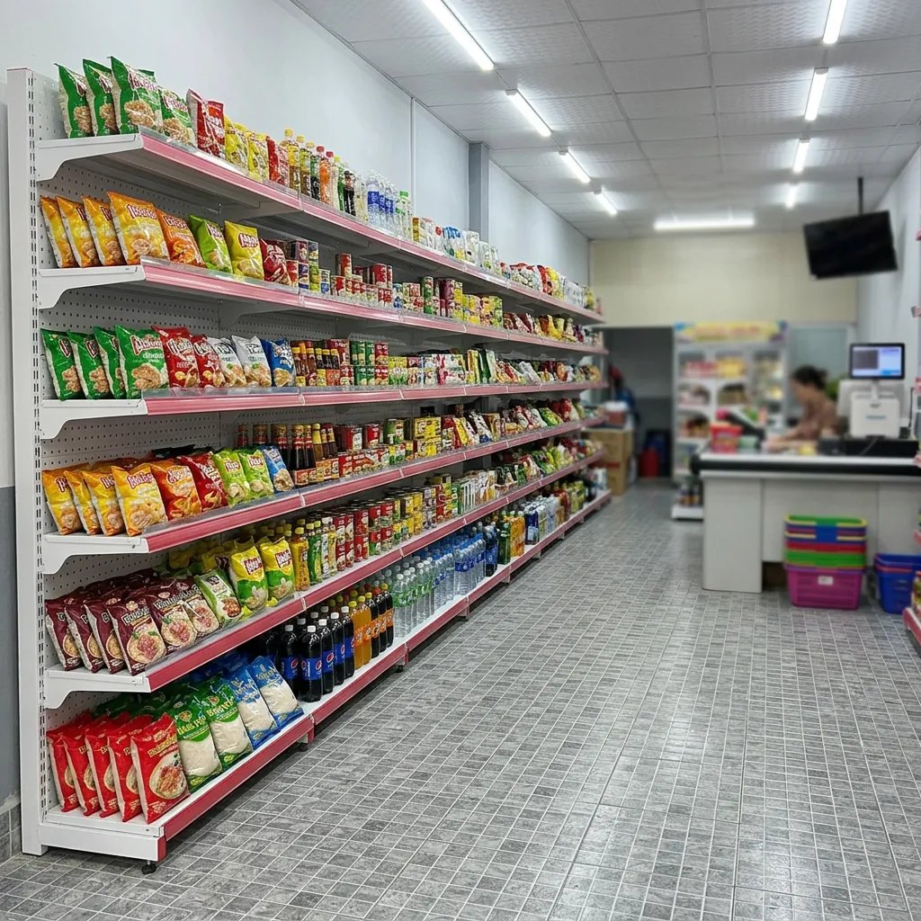 Mua kệ sắt ở đâu? Xưởng, cửa hàng hay sàn TMĐT + checklist 7 điểm 7 Dãy kệ siêu thị đơn áp tường trong cửa hàng tạp hóa nhỏ