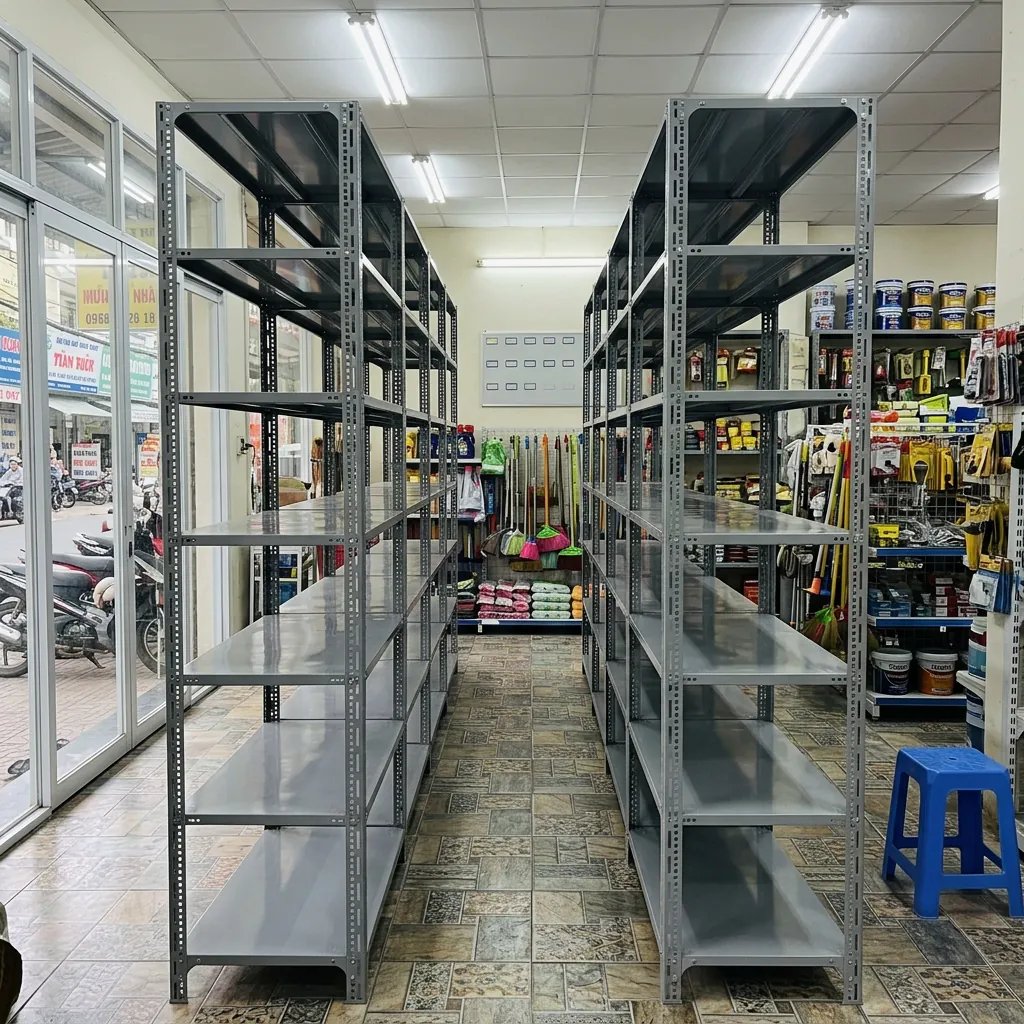 Mua kệ sắt ở đâu? Xưởng, cửa hàng hay sàn TMĐT + checklist 7 điểm 3 Cửa hàng kệ sắt gần đây bày kệ V lỗ lắp sẵn để khách xem tận tay