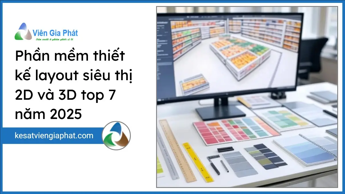 Hình ảnh thiết kế layout siêu thị 2D và 3D với không gian làm việc chuyên nghiệp, thể hiện phần mềm thiết kế tối ưu không gian bán lẻ.