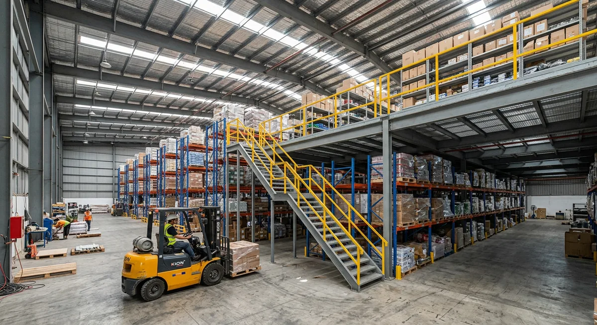 Kho hàng có sàn lửng mezzanine, tầng dưới đặt kệ pallet, tầng trên chứa hàng nhẹ