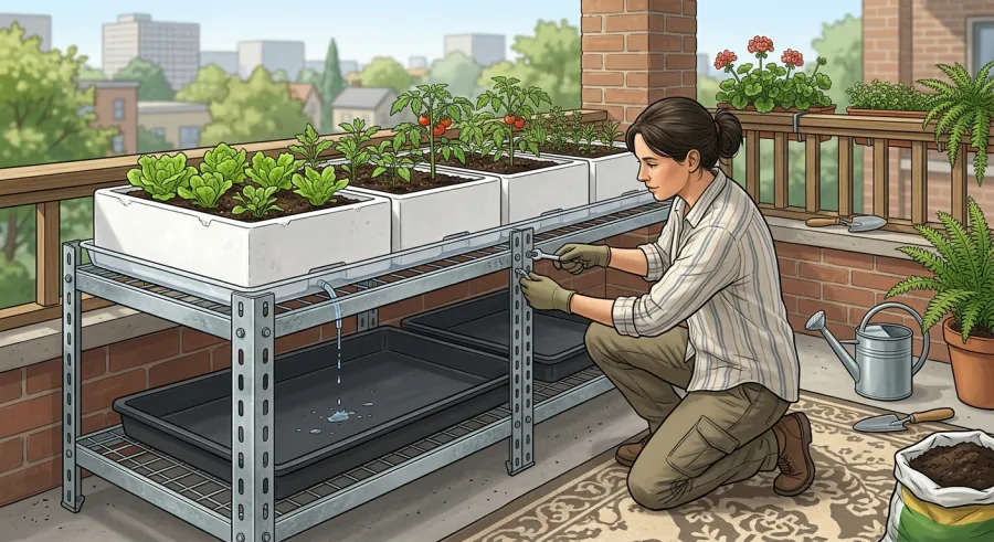 Kệ V Lỗ Trồng Rau: Cách Chọn & Setup Vườn Rau Ban Công, Sân Thượng 3 Minh họa lót khay nhựa hứng nước và đặt thùng xốp trồng rau trên tầng kệ V lỗ