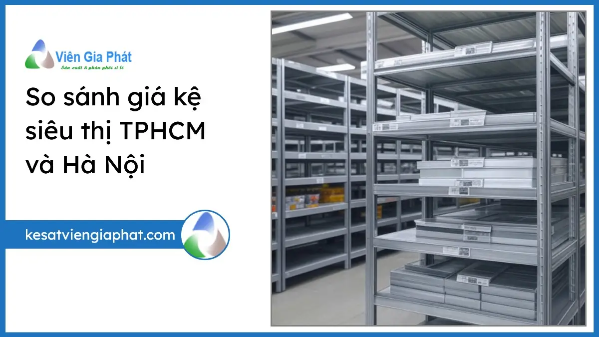 Hình ảnh kệ siêu thị chất lượng cao so sánh giá giữa TPHCM và Hà Nội, phù hợp với bài viết PT Phúc Thịnh.