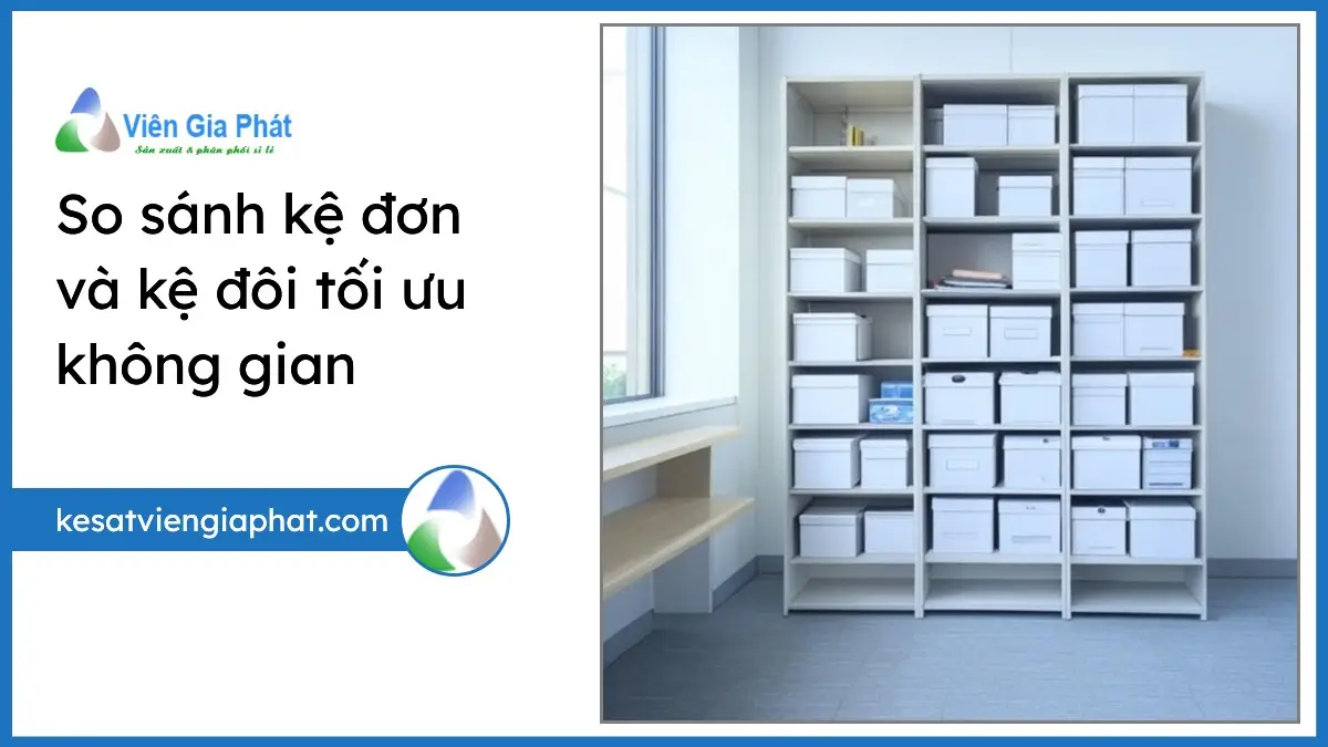 Hình ảnh so sánh kệ đơn và kệ đôi trong văn phòng giúp tối ưu không gian hiệu quả với sản phẩm từ PT Phúc Thịnh.