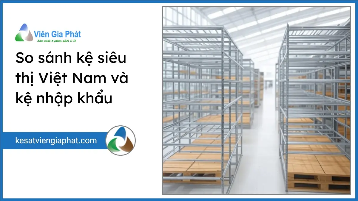 So sánh kệ siêu thị Việt Nam và kệ nhập khẩu chất lượng cao trong kho gọn gàng của PT Phúc Thịnh.