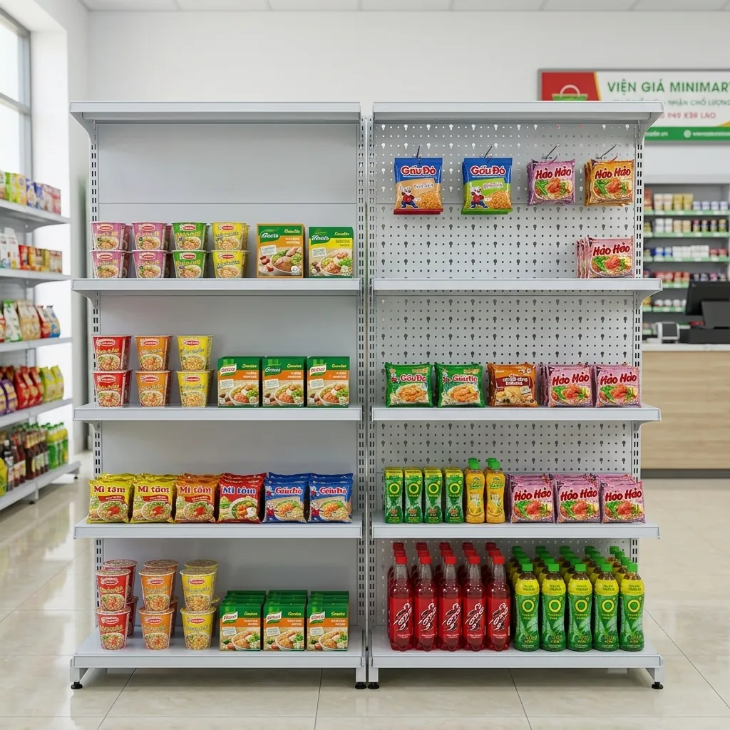 So sánh kệ siêu thị lưng tôn liền và lưng tôn đục lỗ đặt cạnh nhau trong cửa hàng minimart