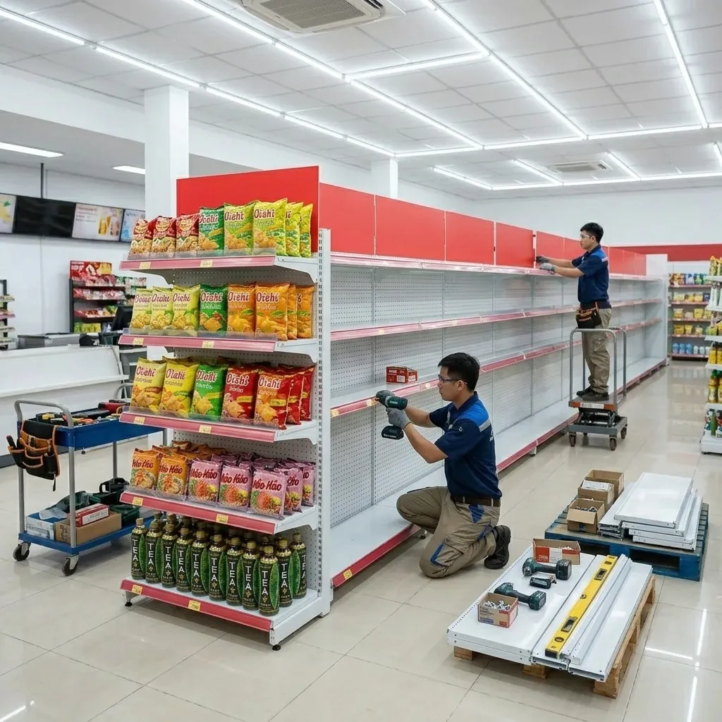 So sánh kệ đơn và kệ đôi: ✅ Bí quyết chọn kệ tối ưu không gian 23 Kỹ thuật viên Viên Gia Phát lắp đặt dãy kệ đôi siêu thị kết hợp kệ đơn cho cửa hàng tiện lợi tại TPHCM