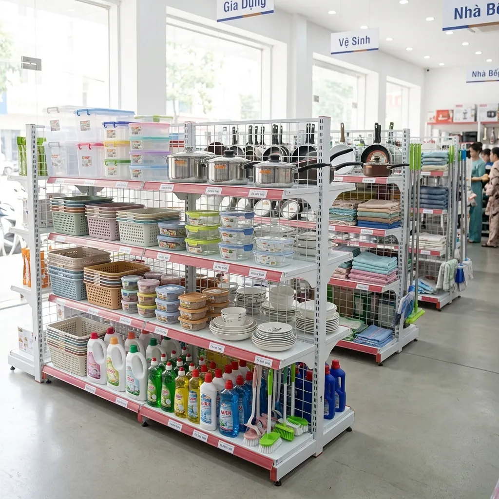Kệ siêu thị lưng lưới trưng bày hàng gia dụng phân nhóm theo công năng: hộp nhựa, đồ bếp, đồ vệ sinh trong cửa hàng