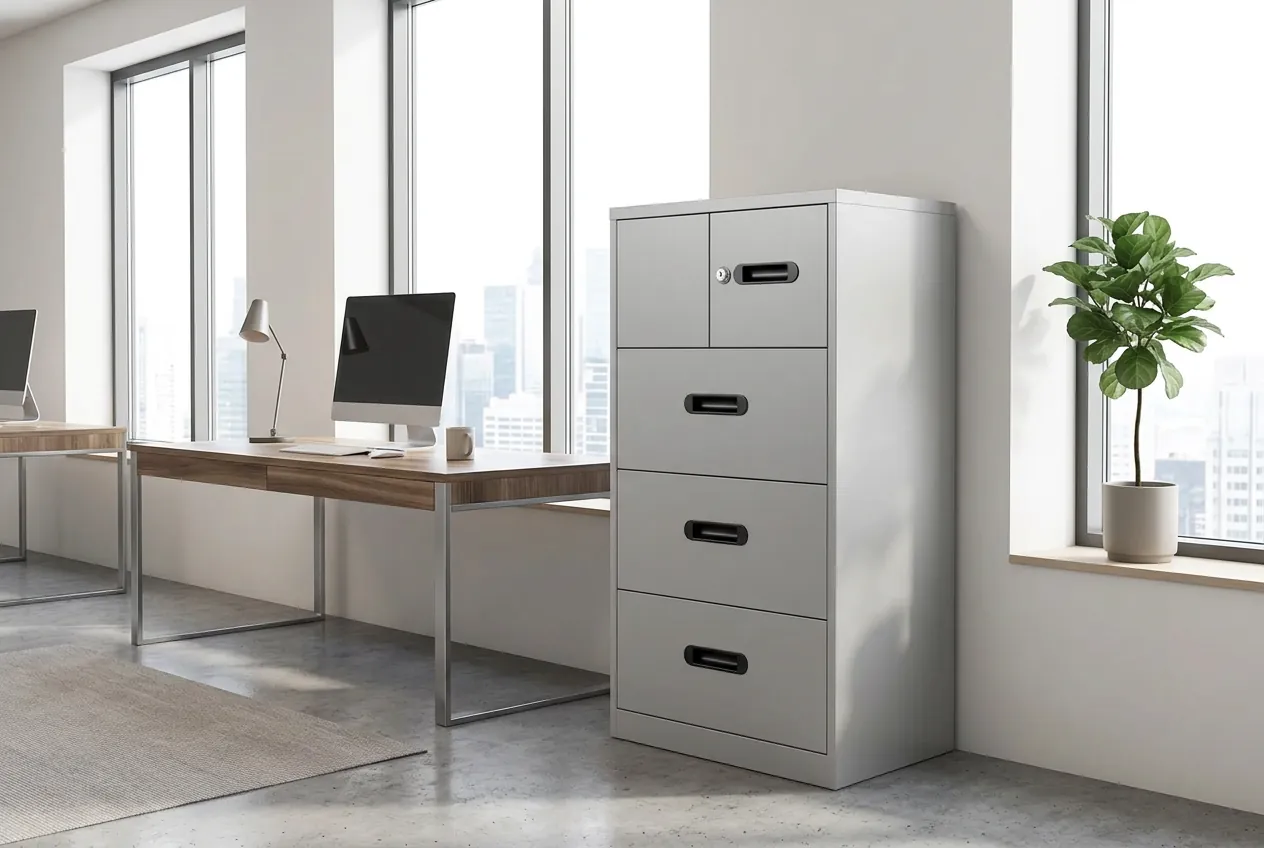 Kệ Sắt Sơn Tĩnh Điện: Quy Trình 4 Bước, Độ Bền & Cách Phân Biệt Sơn Thường 6 Tủ hồ sơ sắt sơn tĩnh điện màu ghi đặt trong văn phòng cạnh bàn làm việc