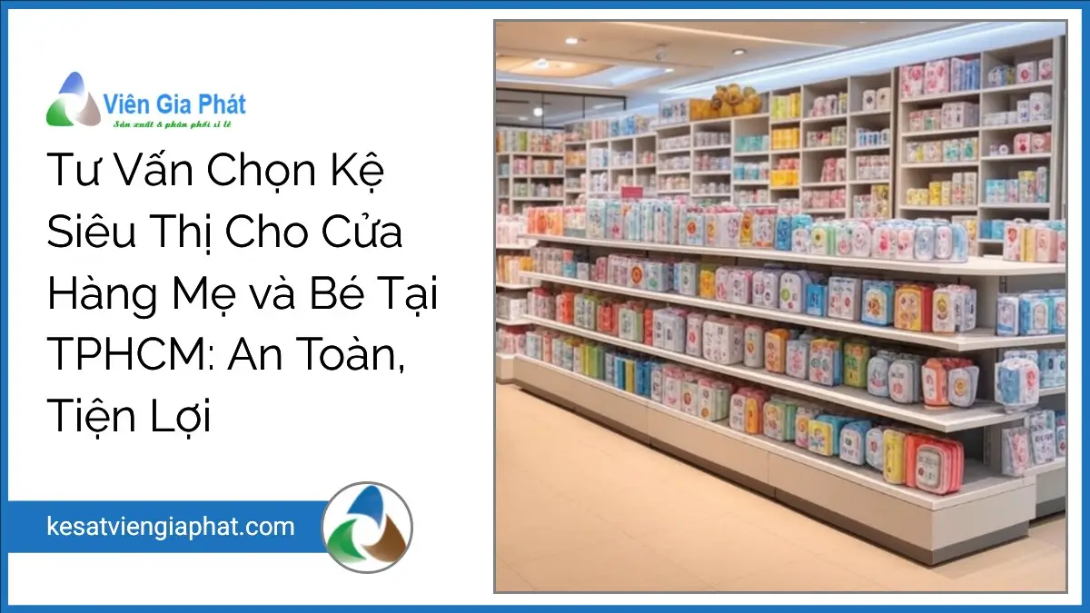 Kệ siêu thị Viên Gia Phát chuyên dụng cho cửa hàng mẹ và bé tại TPHCM, trưng bày gọn gàng, an toàn, tiện lợi.