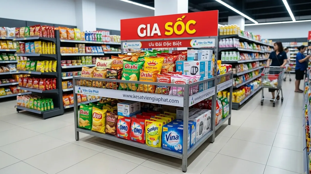 Ụ Trưng Bày Sản Phẩm: Bí Quyết Thiết Kế Ấn Tượng & Tăng Doanh Thu 1 Ụ trưng bày đổ đống hàng giá sốc giữa lối đi siêu thị với biển GIÁ SỐC đỏ nổi bật