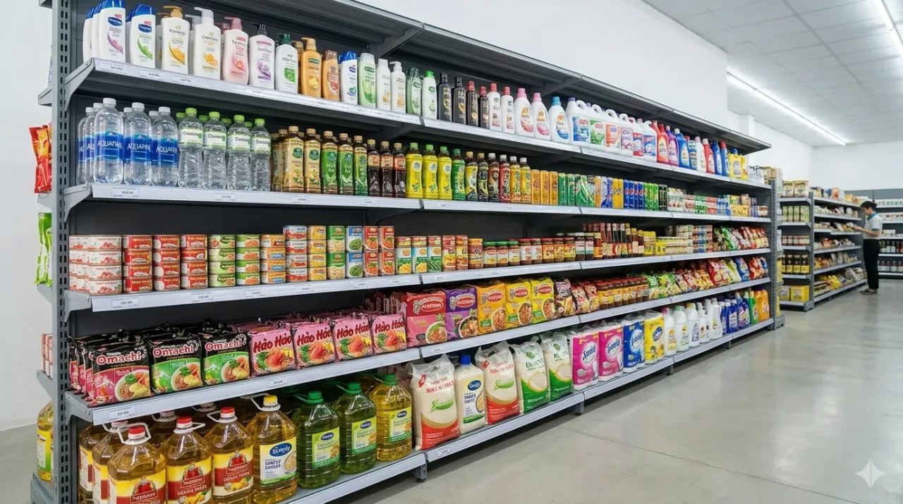 Hướng Dẫn Sử Dụng Kệ Sắt V Lỗ Trong Siêu Thị Mini (A-Z) 2 Dãy kệ sắt V lỗ áp tường trong siêu thị mini đầy hàng nước giải khát, đồ hộp và hóa mỹ phẩm - Viên Gia Phát