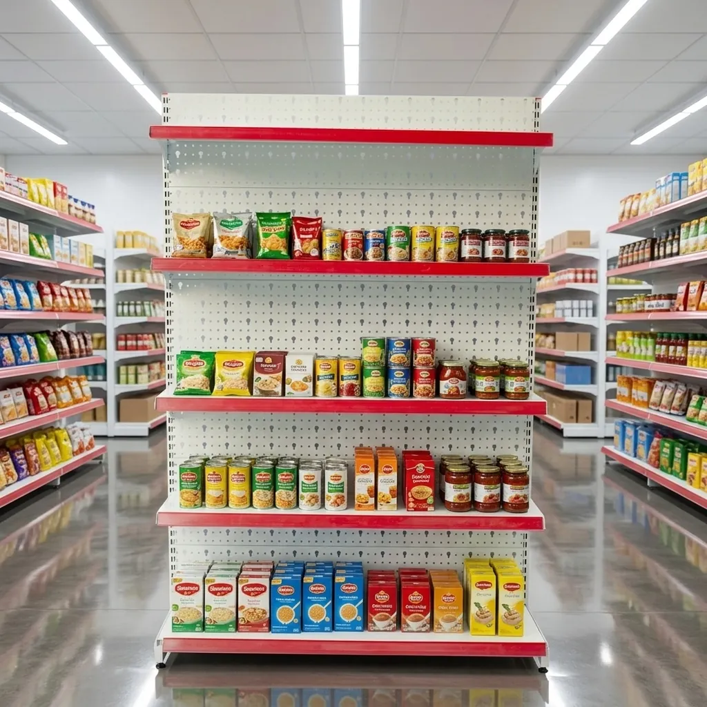 Kệ siêu thị lưng tôn sáng bóng, sạch sẽ sau khi được vệ sinh đúng cách trong cửa hàng minimart