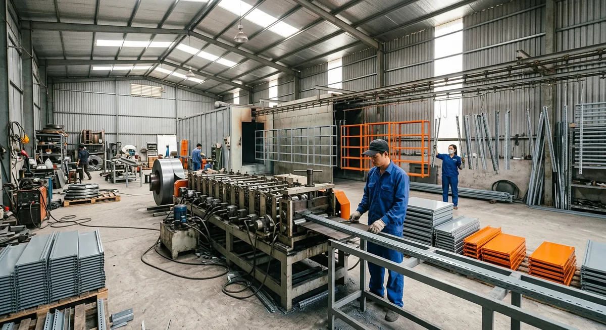 Dây chuyền cán trụ và khu sơn tĩnh điện trong xưởng sản xuất kệ sắt